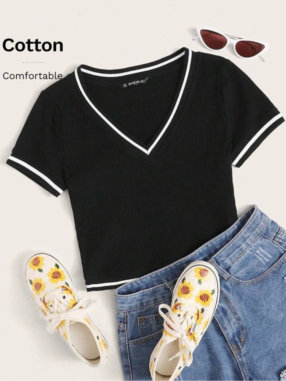 SHEIN Black Ribbed V‑Neck Crop Top with White Contrast Trim